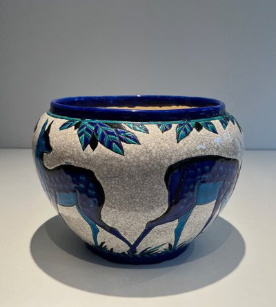 Ceramic "Deer and Doe" Planter. Belgian Work, Signed and Marked