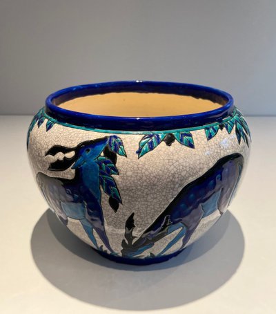 Ceramic "Deer and Doe" Planter. Belgian Work, Signed and Marked