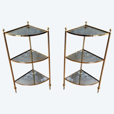 Pair Of Gilded Metal Corner Sofa Ends And Eglomerated Mirror Trays.