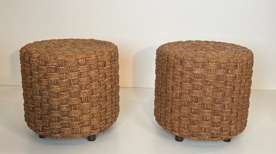 Pair of rope stools with round wooden legs. French work in the style of Adrien.