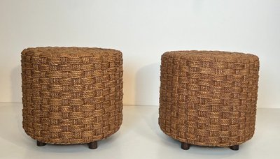 Pair of rope stools with round wooden legs. French work in the style of Adrien.