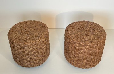 Pair of rope stools with round wooden legs. French work in the style of Adrien.