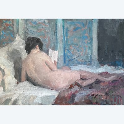 AKT LIEGEND LESEND. Öl auf Leinwand , Impressionist