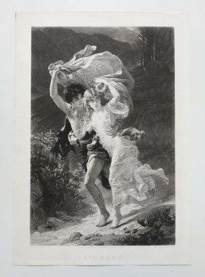 Incisione antica l'Orage di Amédée Varin dopo Pierre Auguste Cot Neoclassico XIX secolo