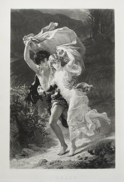 Incisione antica l'Orage di Amédée Varin dopo Pierre Auguste Cot Neoclassico XIX secolo