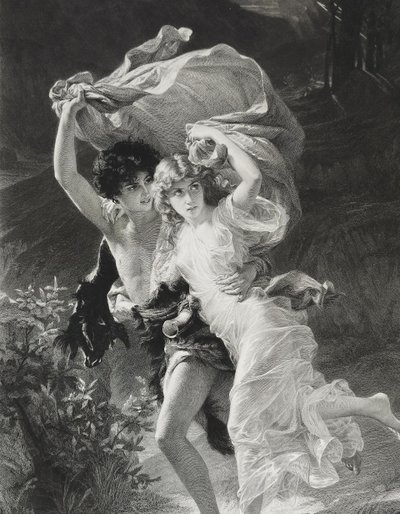 Incisione antica l'Orage di Amédée Varin dopo Pierre Auguste Cot Neoclassico XIX secolo