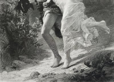 Incisione antica l'Orage di Amédée Varin dopo Pierre Auguste Cot Neoclassico XIX secolo