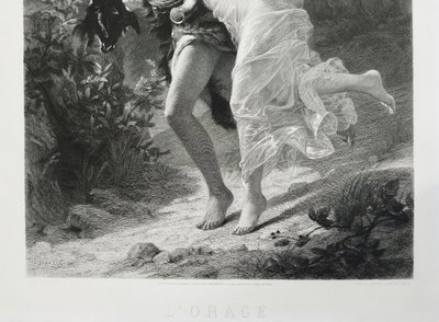 Incisione antica l'Orage di Amédée Varin dopo Pierre Auguste Cot Neoclassico XIX secolo