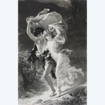 Incisione antica l'Orage di Amédée Varin dopo Pierre Auguste Cot Neoclassico XIX secolo