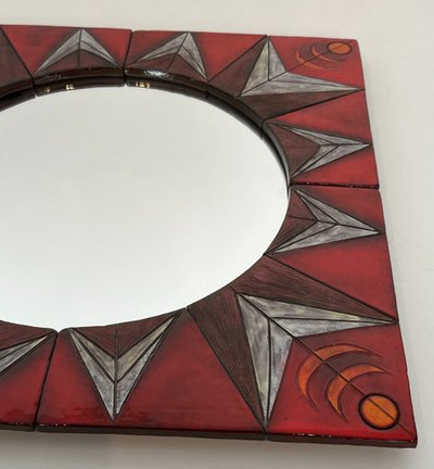 Ceramic Mirror Depicting a Stylized Sun on a Red Background Attributed to Oswal Tiberghien