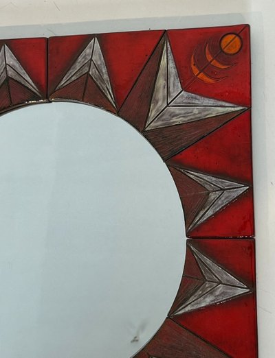 Ceramic Mirror Depicting a Stylized Sun on a Red Background Attributed to Oswal Tiberghien