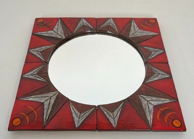 Ceramic Mirror Depicting a Stylized Sun on a Red Background Attributed to Oswal Tiberghien