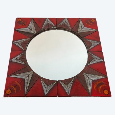 Ceramic Mirror Depicting a Stylized Sun on a Red Background Attributed to Oswal Tiberghien