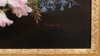 Charles Rivière, Nature morte de fleurs, tableau, 1857, Romantisme, jardin, école Lyonnsaise 