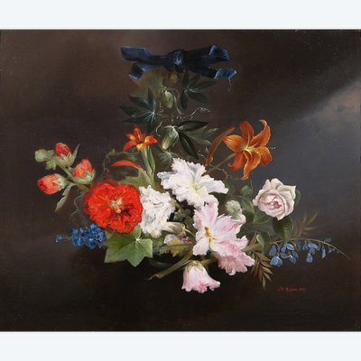 Charles Rivière, Nature morte de fleurs, tableau, 1857, Romantisme, jardin, école Lyonnsaise 