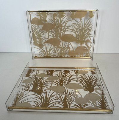 Paar Tabletts aus Plexiglas und Messing mit goldenen Vogeldekorationen