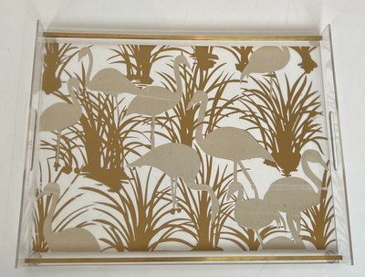 Paar Tabletts aus Plexiglas und Messing mit goldenen Vogeldekorationen
