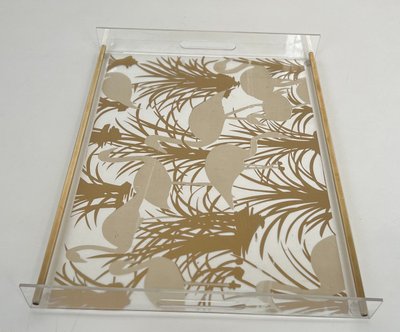 Paar Tabletts aus Plexiglas und Messing mit goldenen Vogeldekorationen