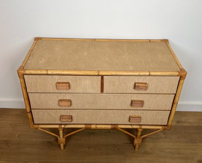 Cassettiera in bambù, rattan, legno e rafia di Adrien Audoux e Frida Minet (audoux Minet)