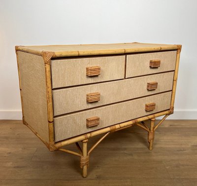 Cassettiera in bambù, rattan, legno e rafia di Adrien Audoux e Frida Minet (audoux Minet)
