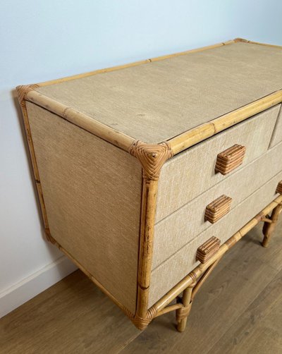 Cassettiera in bambù, rattan, legno e rafia di Adrien Audoux e Frida Minet (audoux Minet)