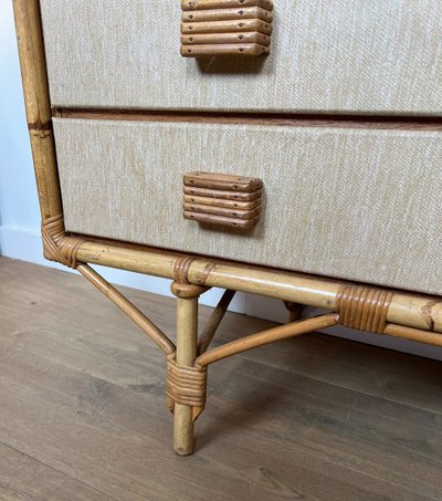 Cassettiera in bambù, rattan, legno e rafia di Adrien Audoux e Frida Minet (audoux Minet)