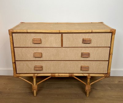 Cassettiera in bambù, rattan, legno e rafia di Adrien Audoux e Frida Minet (audoux Minet)