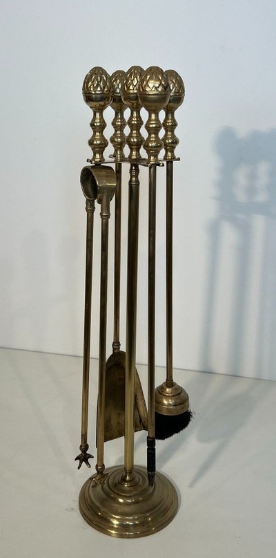 Brass Fire Pit Set with Pine Cones in the Style of Maison Baguès