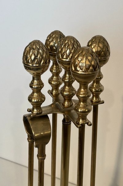 Brass Fire Pit Set with Pine Cones in the Style of Maison Baguès