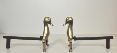 Paire De Chenets Représentant Des Canards Stylisés En Laiton Dans Le Goût De Lalanne