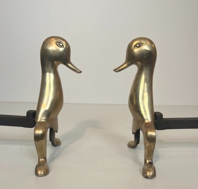 Paire De Chenets Représentant Des Canards Stylisés En Laiton Dans Le Goût De Lalanne
