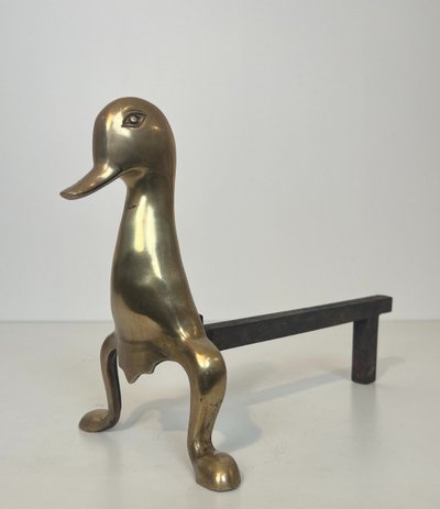 Paire De Chenets Représentant Des Canards Stylisés En Laiton Dans Le Goût De Lalanne