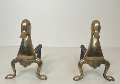 Paire De Chenets Représentant Des Canards Stylisés En Laiton Dans Le Goût De Lalanne