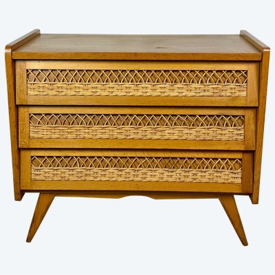 Commode vintage 1960 en hêtre et rotin