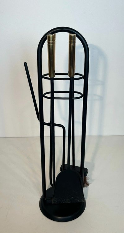 Nécessaire De Feu Design En Métal Laqué Noir Et Laiton. French work. Circa 1970
