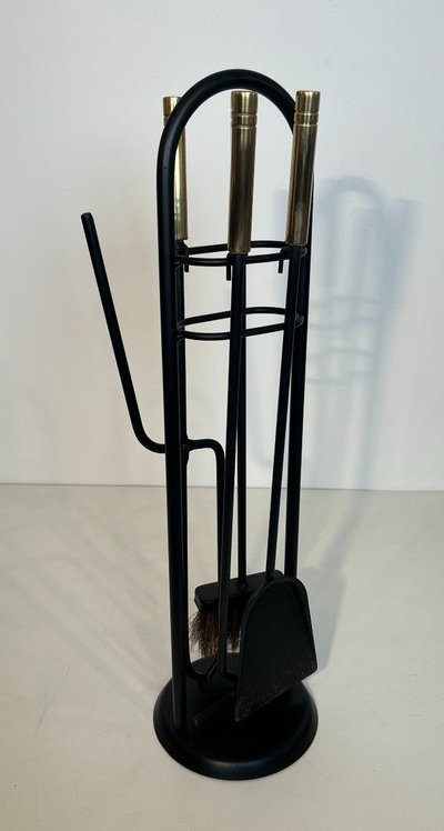 Nécessaire De Feu Design En Métal Laqué Noir Et Laiton. French work. Circa 1970