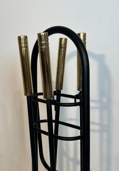 Nécessaire De Feu Design En Métal Laqué Noir Et Laiton. French work. Circa 1970