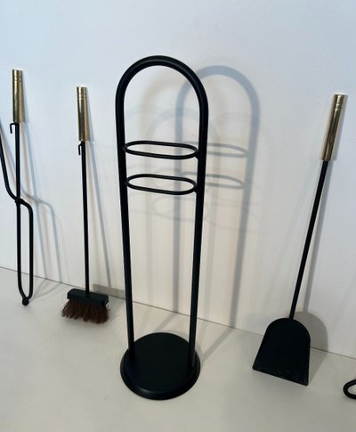 Nécessaire De Feu Design En Métal Laqué Noir Et Laiton. French work. Circa 1970