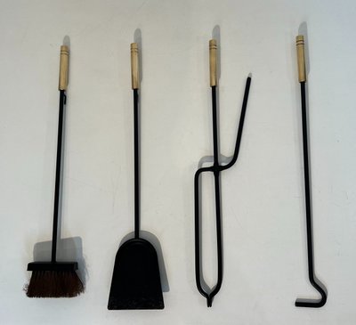 Nécessaire De Feu Design En Métal Laqué Noir Et Laiton. French work. Circa 1970