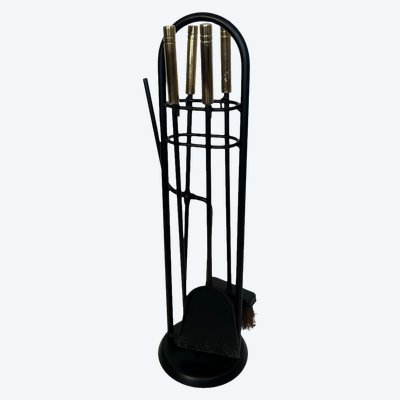 Nécessaire De Feu Design En Métal Laqué Noir Et Laiton. French work. Circa 1970