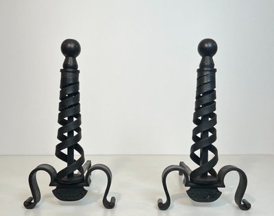 Pair De Chenets Modernistes En Fer Forgé. French work by Raymond Subes. Circa 1940
