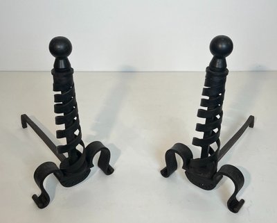 Pair De Chenets Modernistes En Fer Forgé. French work by Raymond Subes. Circa 1940