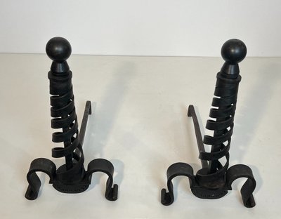 Pair De Chenets Modernistes En Fer Forgé. French work by Raymond Subes. Circa 1940