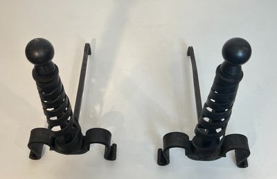 Pair De Chenets Modernistes En Fer Forgé. French work by Raymond Subes. Circa 1940
