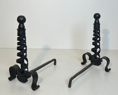 Pair De Chenets Modernistes En Fer Forgé. French work by Raymond Subes. Circa 1940