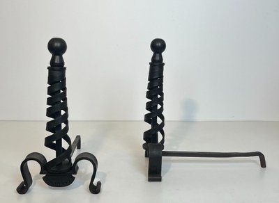 Pair De Chenets Modernistes En Fer Forgé. French work by Raymond Subes. Circa 1940