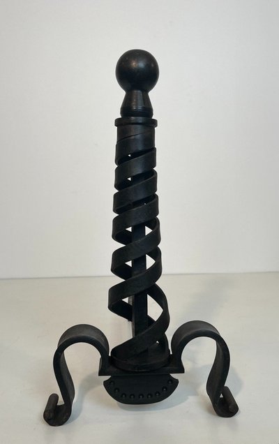 Pair De Chenets Modernistes En Fer Forgé. French work by Raymond Subes. Circa 1940