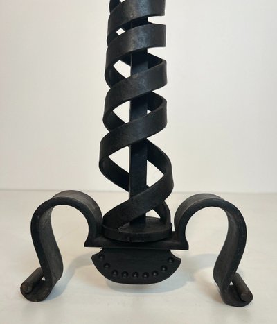 Pair De Chenets Modernistes En Fer Forgé. French work by Raymond Subes. Circa 1940