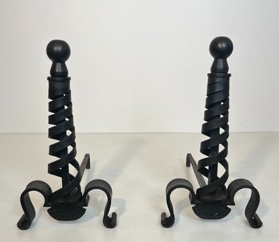 Pair De Chenets Modernistes En Fer Forgé. French work by Raymond Subes. Circa 1940