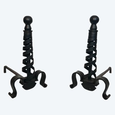 Pair De Chenets Modernistes En Fer Forgé. French work by Raymond Subes. Circa 1940